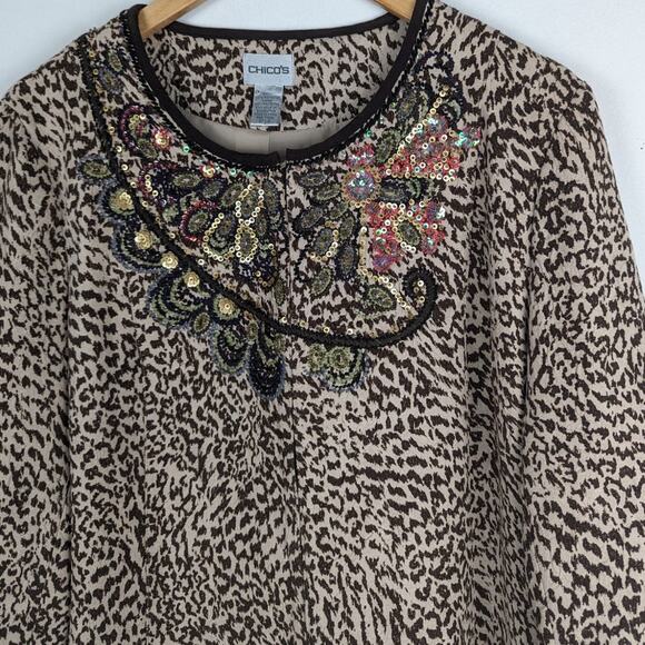 Chico's Animazing Jelica‎ Animal Print Embroidered Sequin Jacket Size 2 | Large - Picture 2 of 11